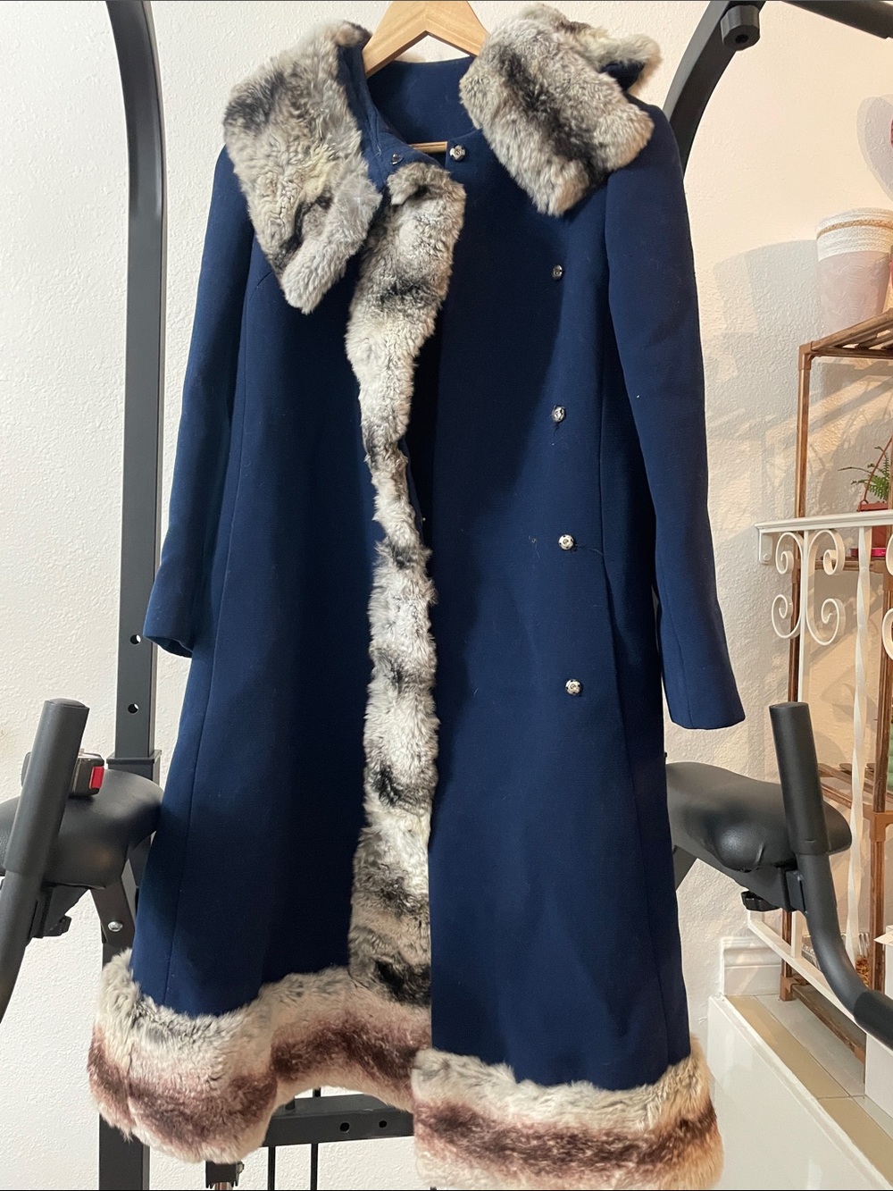 Womens Navy chinchilla Fur Trim Long Coat